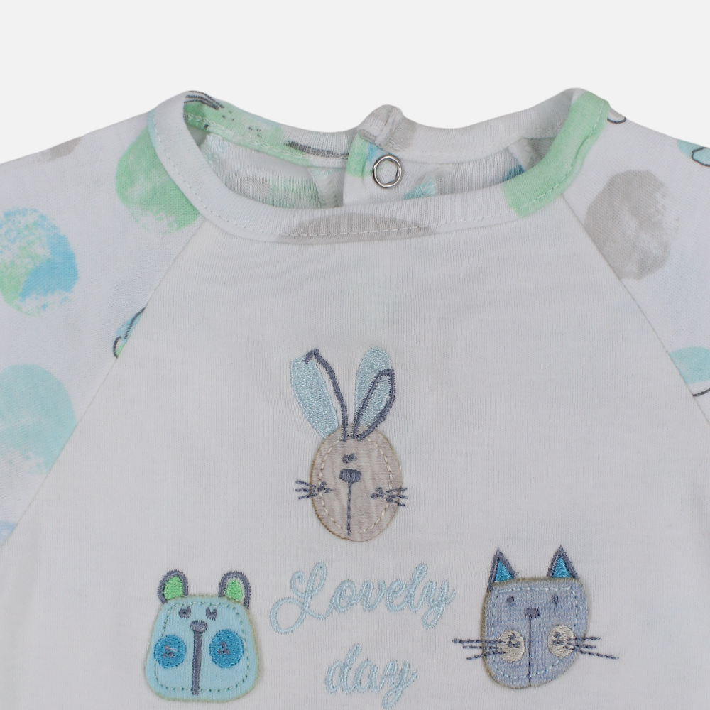 Baby Boys Cotton Romper - Off-White with Animal Print