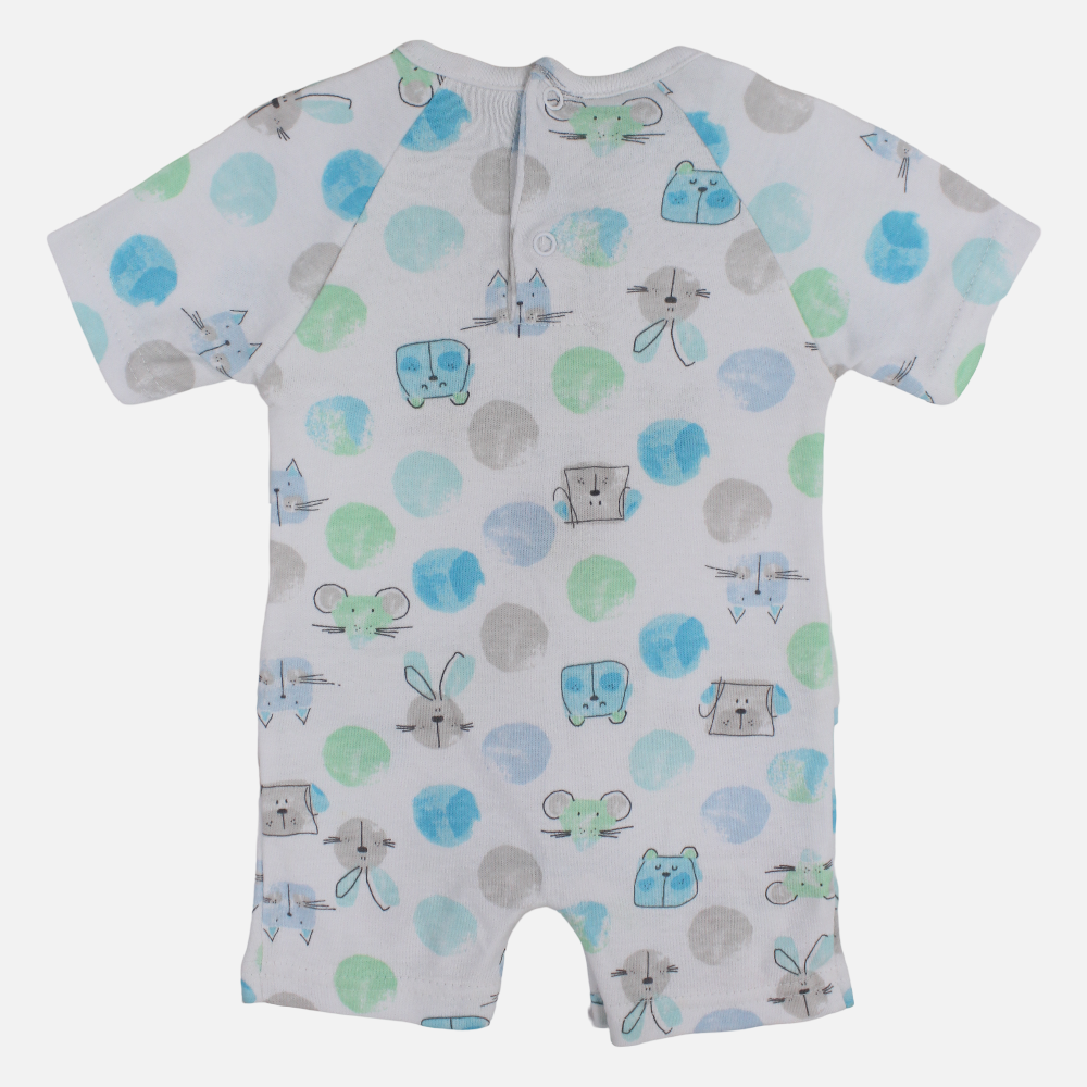 Baby Boys Cotton Romper - Off-White with Animal Print
