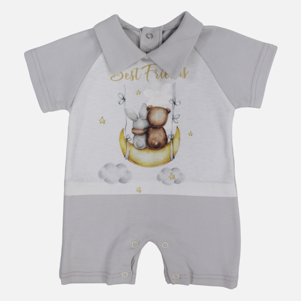 Baby Boys Cotton Romper - Grey with Best Friends Print