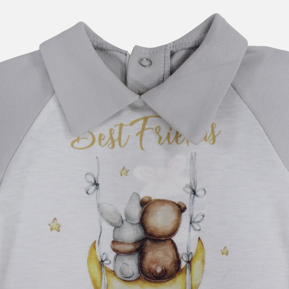 Baby Boys Cotton Romper - Grey with Best Friends Print