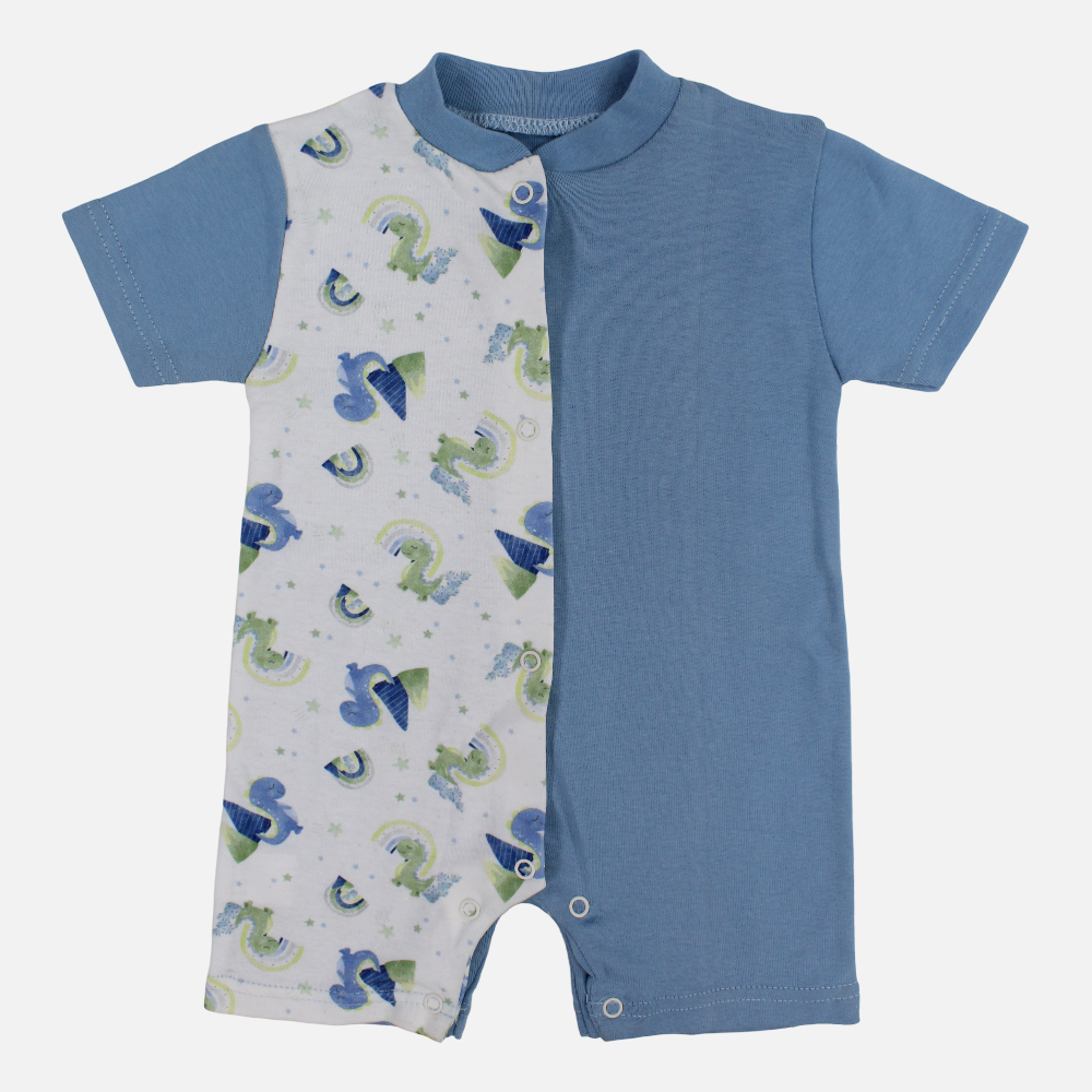 Baby Boys Cotton Romper - Light Blue with Dinosaur Print