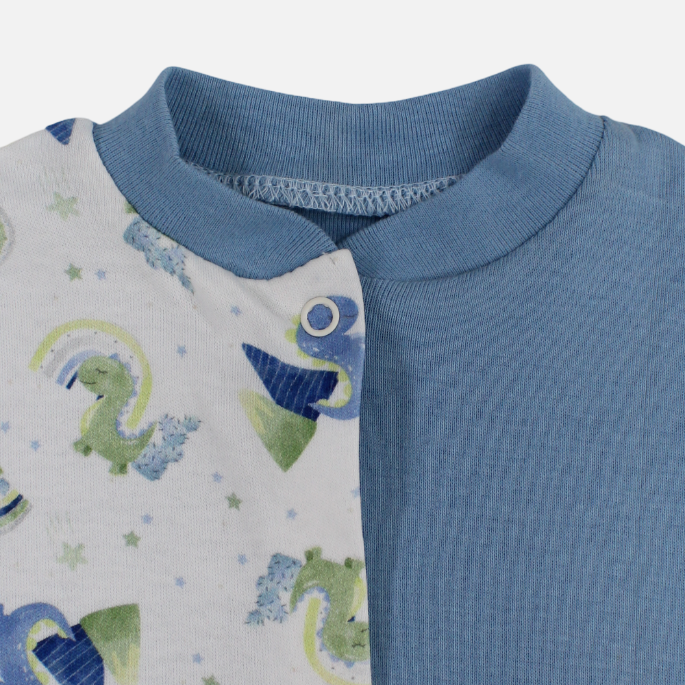 Baby Boys Cotton Romper - Light Blue with Dinosaur Print
