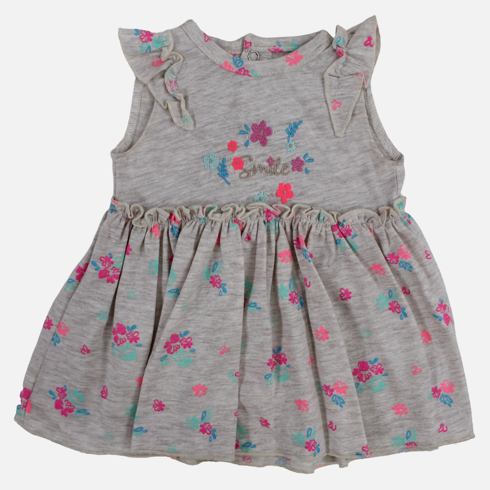 Girls Cotton Dress – Beige with Cute Flower Design