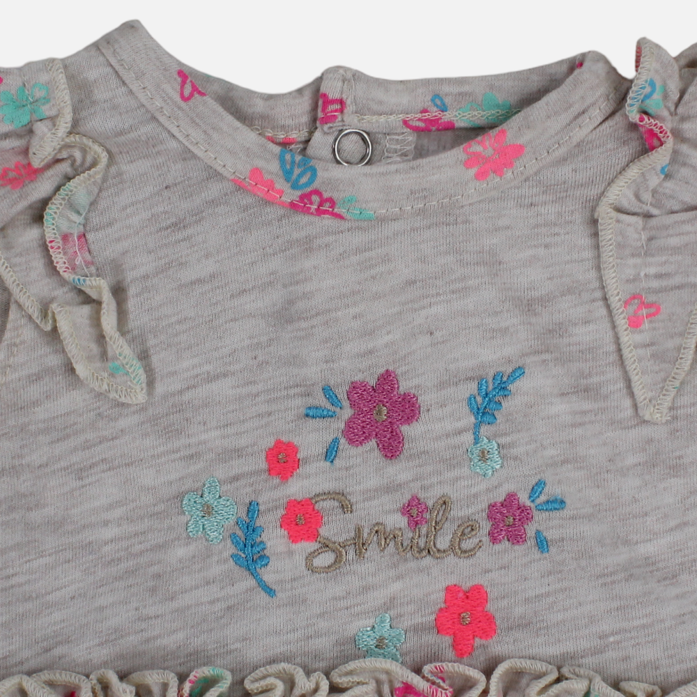Girls Cotton Dress – Beige with Cute Flower Design