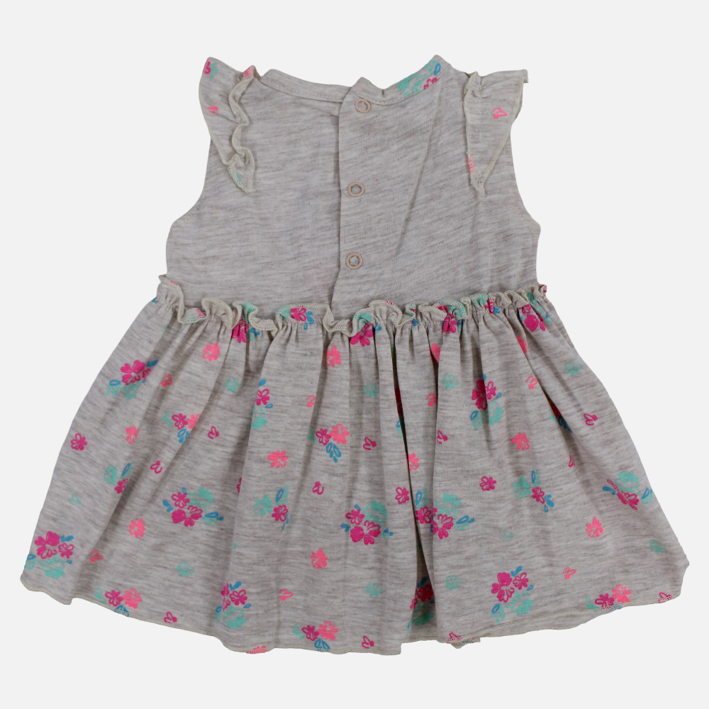 Girls Cotton Dress – Beige with Cute Flower Design