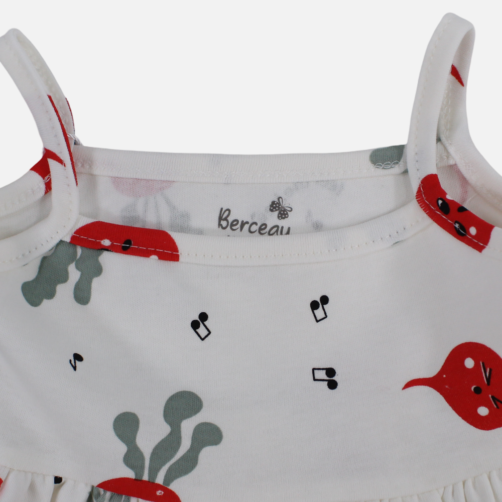 Baby Girls Cotton Dress – Off-White with Straps and Feel The Beet Print