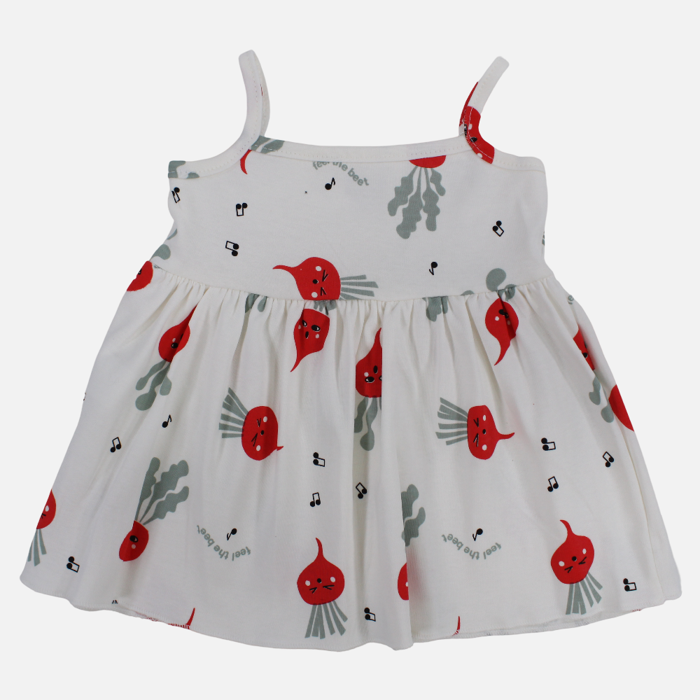 Baby Girls Cotton Dress – Off-White with Straps and Feel The Beet Print