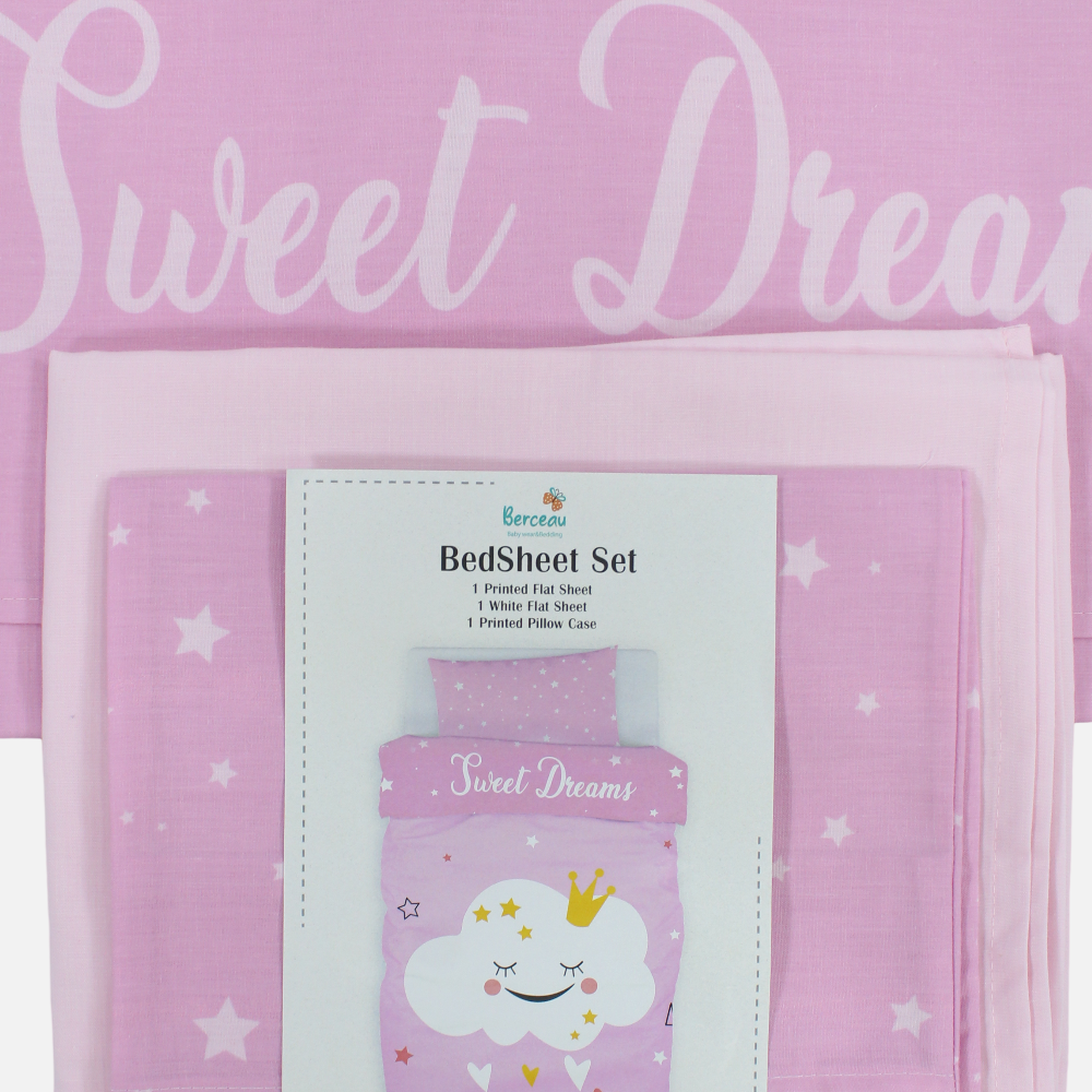 Baby Girls Bed Sheet Set – Cotton – Pink with Sweet Dreams Print