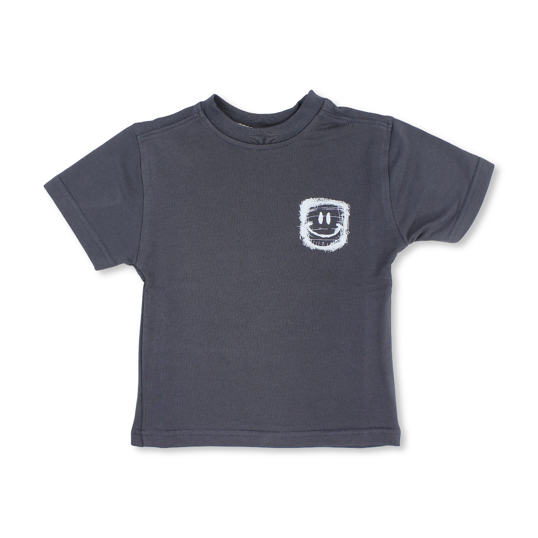 Baby Boys Cotton T-Shirt – Dark Grey with Smile Face Print - Clothing - Berceau