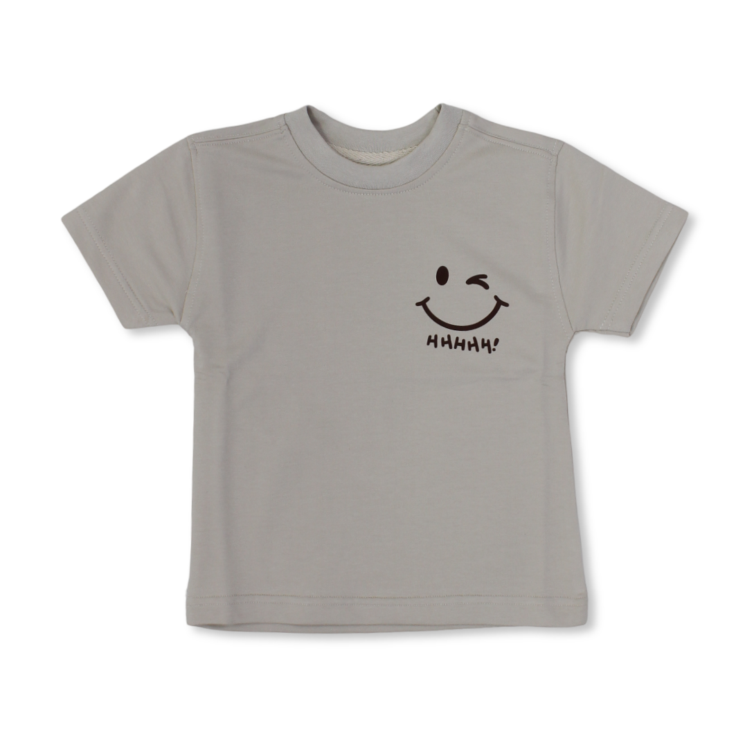 Baby Boys Cotton T-Shirt – Beige with Smile Face Print