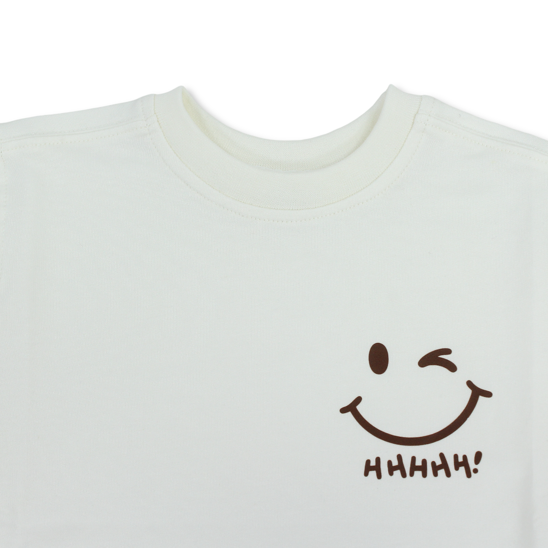 Baby Boys Cotton T-Shirt – Off-White with Smile Face Print
