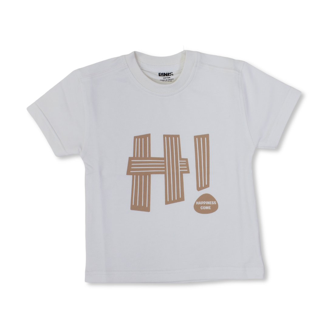 Baby Boys Cotton T-Shirt – Off-White with "Hi" Print