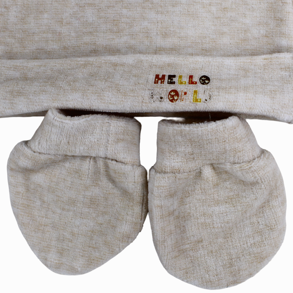Unisex Velvet Set (Beanie + Hand Mittens) with Hello World Print