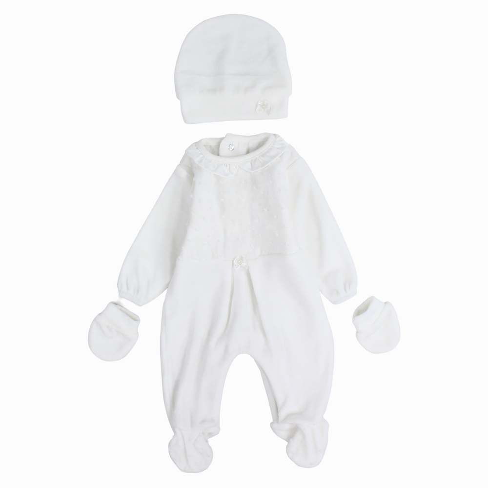 Baby Girls Velvet Baby Footie with Matching Beanie & Mittens – Off-White