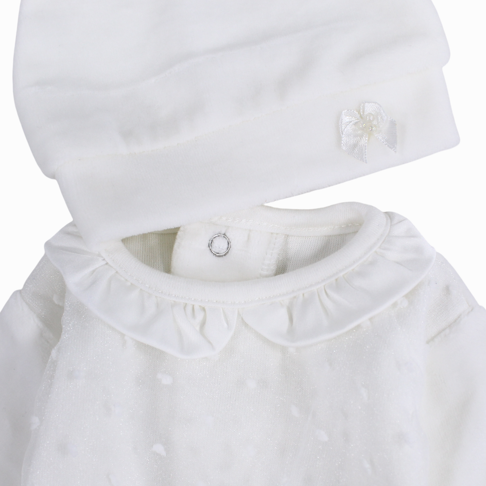 Baby Girls Velvet Baby Footie with Matching Beanie & Mittens – Off-White