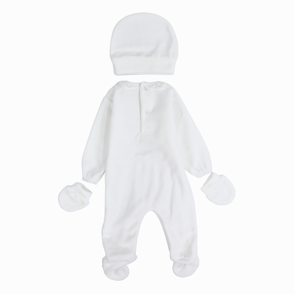 Baby Girls Velvet Baby Footie with Matching Beanie & Mittens – Off-White