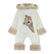 Baby Boys Fleeced Hooded Baby Footless Onesie - Off-White with Bear Print