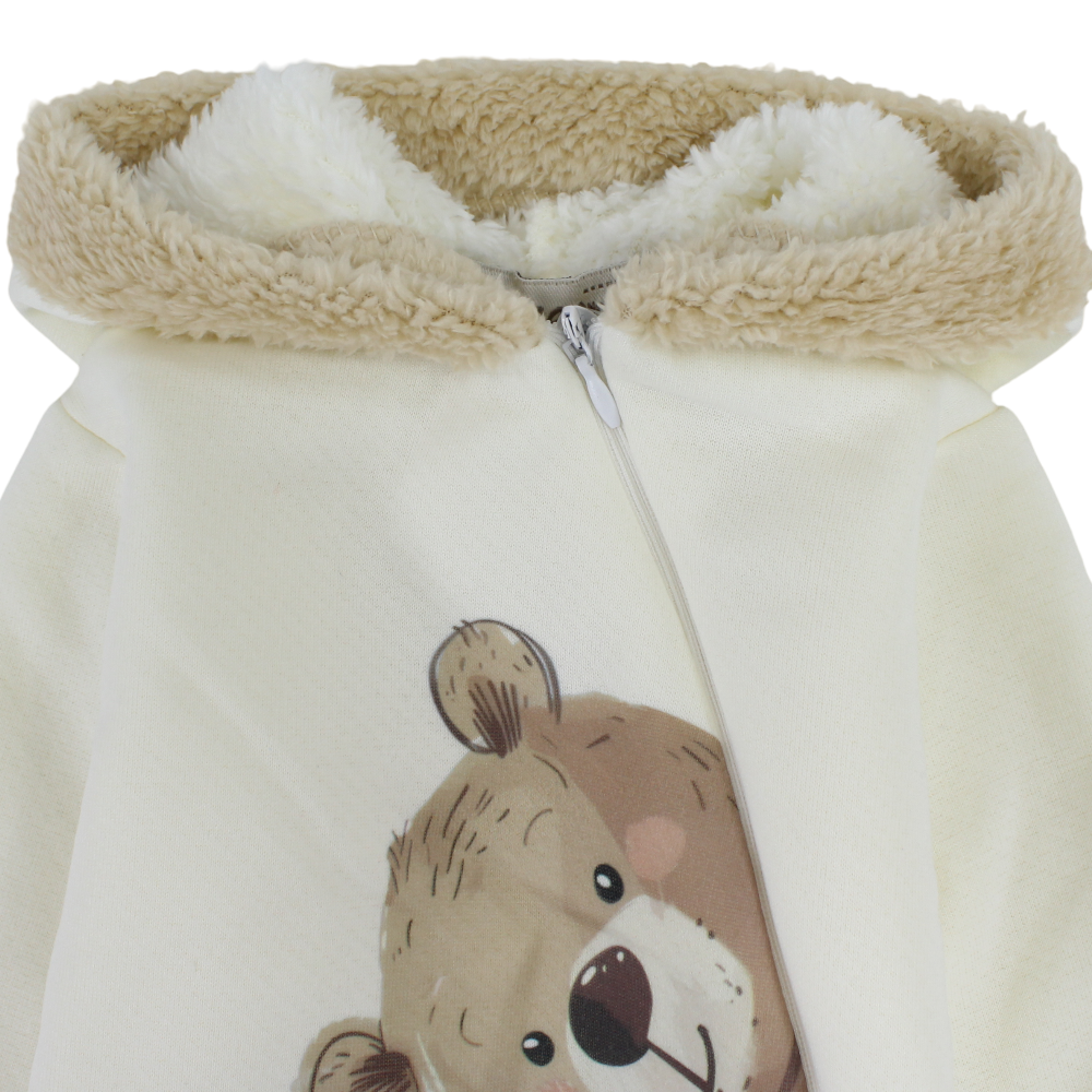 Baby Boys Fleeced Hooded Baby Footless Onesie - Off-White with Bear Print