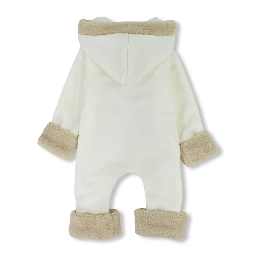 Baby Boys Fleeced Hooded Baby Footless Onesie - Off-White with Bear Print