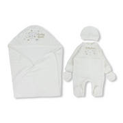 Unisex Velvet Baby Footie + Baby Blanket – Off-White with Baby Bear Design