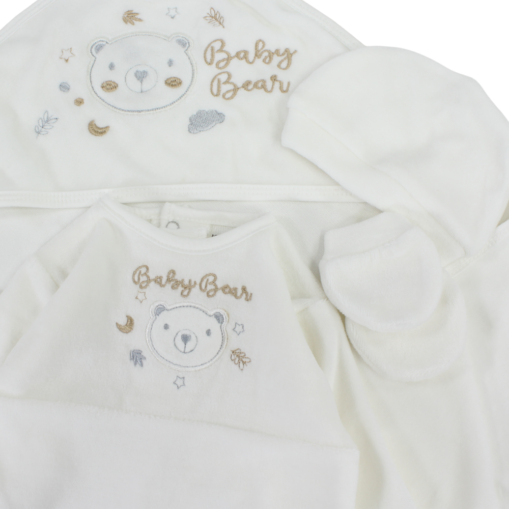 Unisex Velvet Baby Footie + Baby Blanket – Off-White with Baby Bear Design