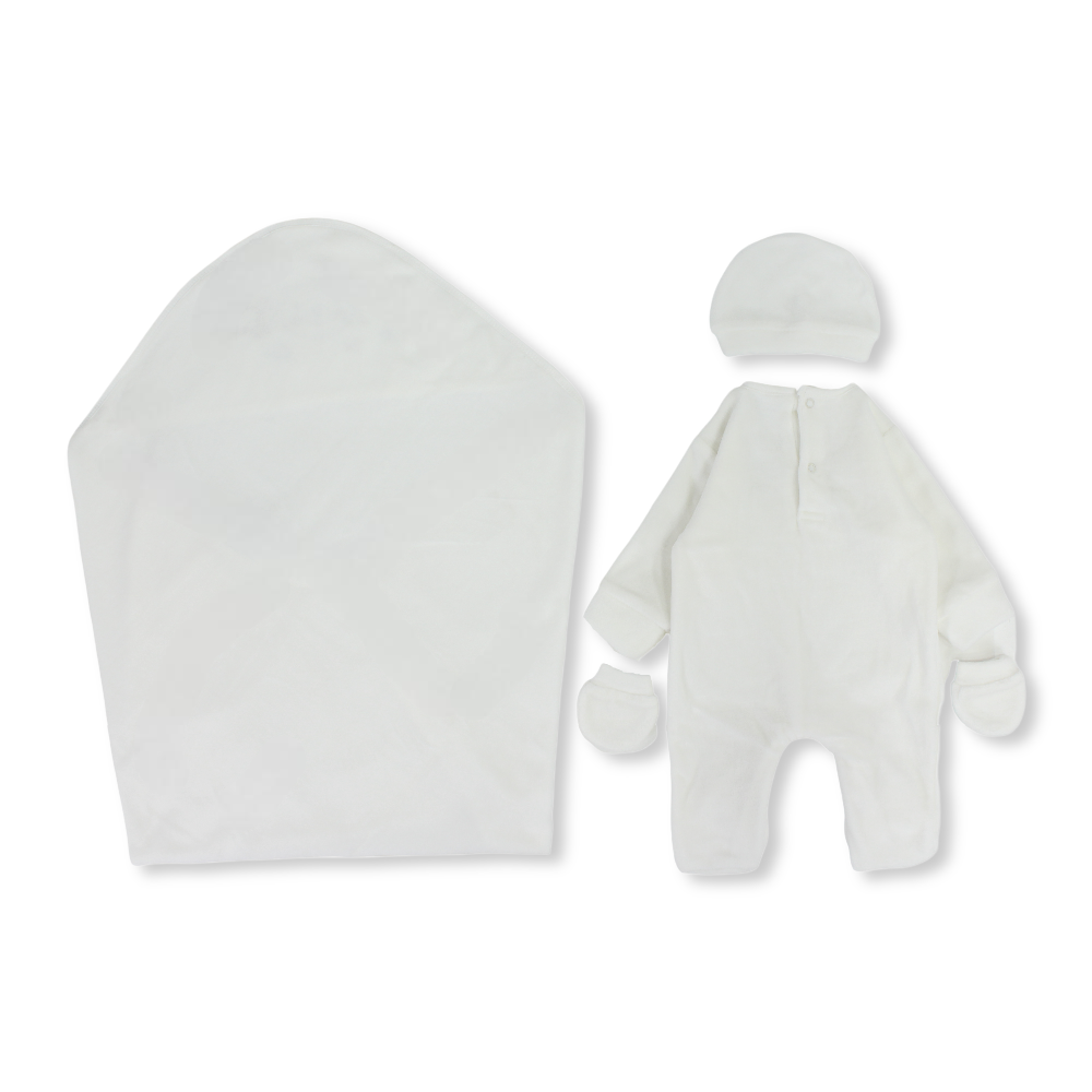 Unisex Velvet Baby Footie + Baby Blanket – Off-White with Baby Bear Design