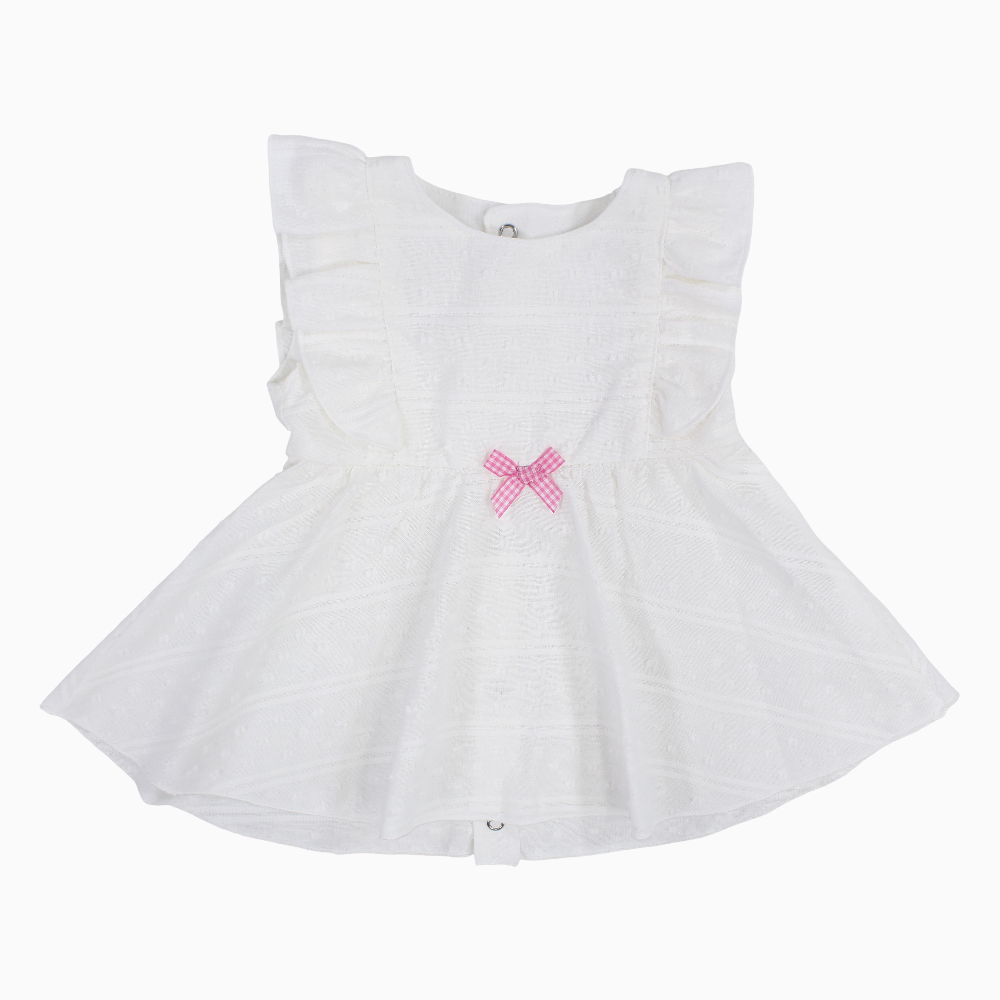 Baby Girls Cotton Dress – Off-White with Pink Bow