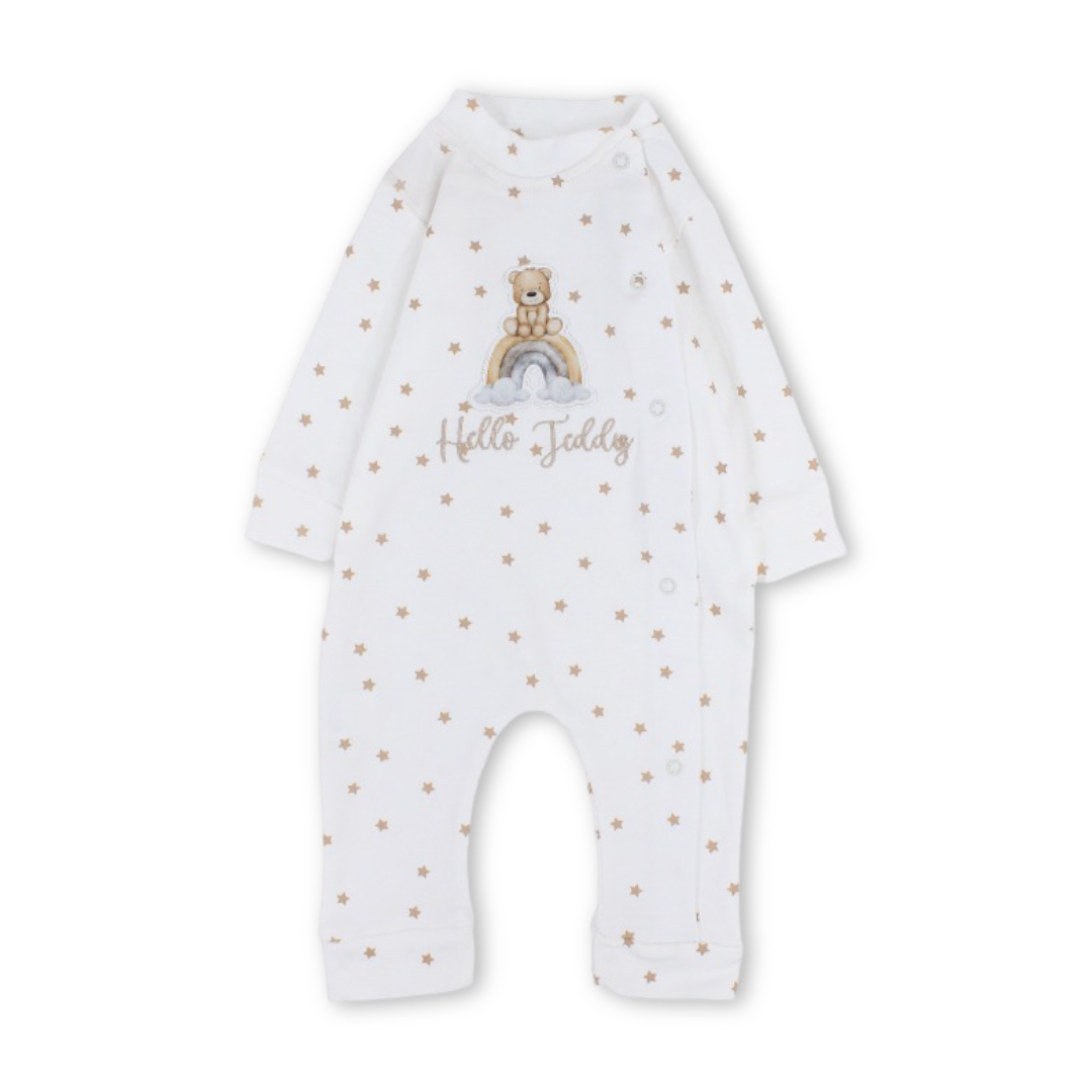 Unisex Baby Cotton Footless Onesie – Off-White with Teddy Bear Print