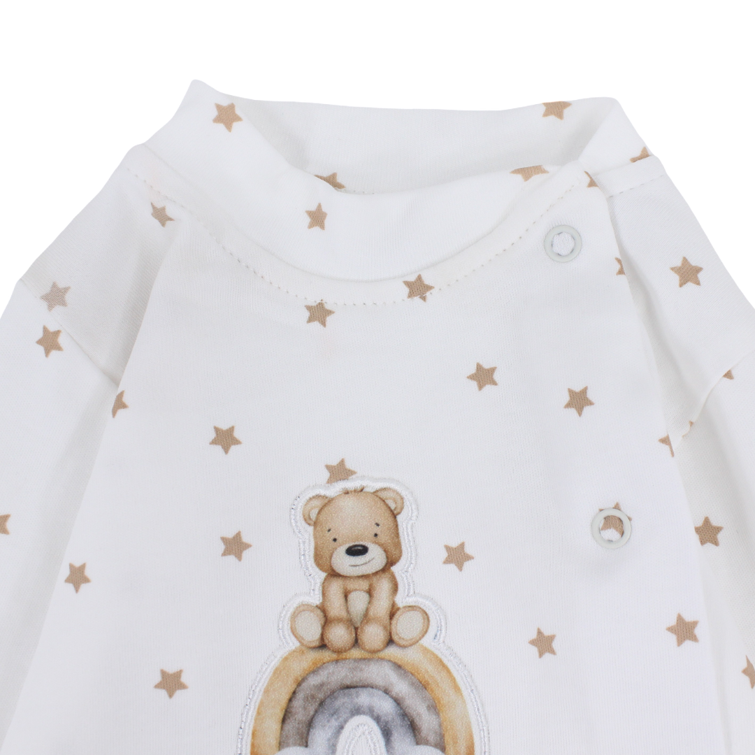Unisex Baby Cotton Footless Onesie – Off-White with Teddy Bear Print