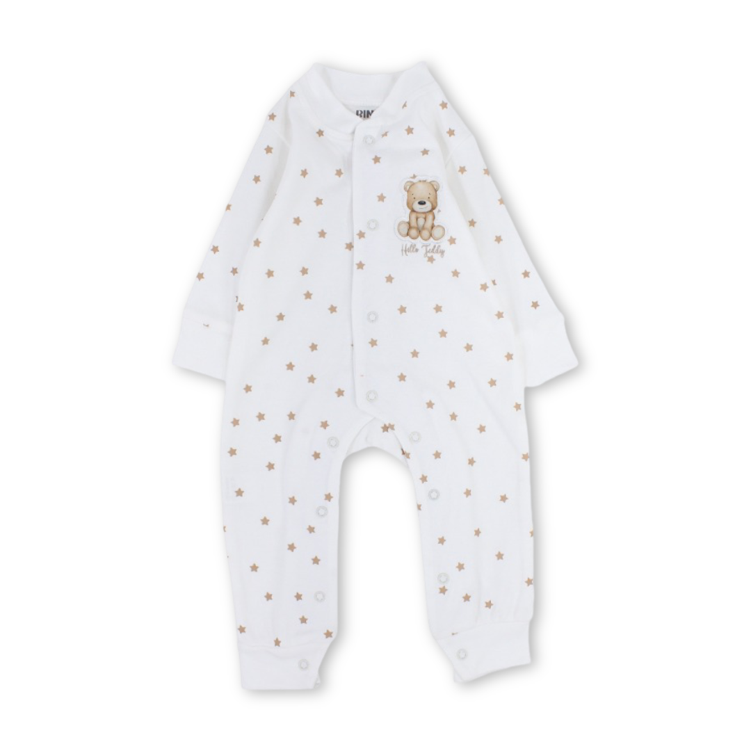 Unisex Baby Cotton Footless Onesie – Off-White with Teddy Bear Print