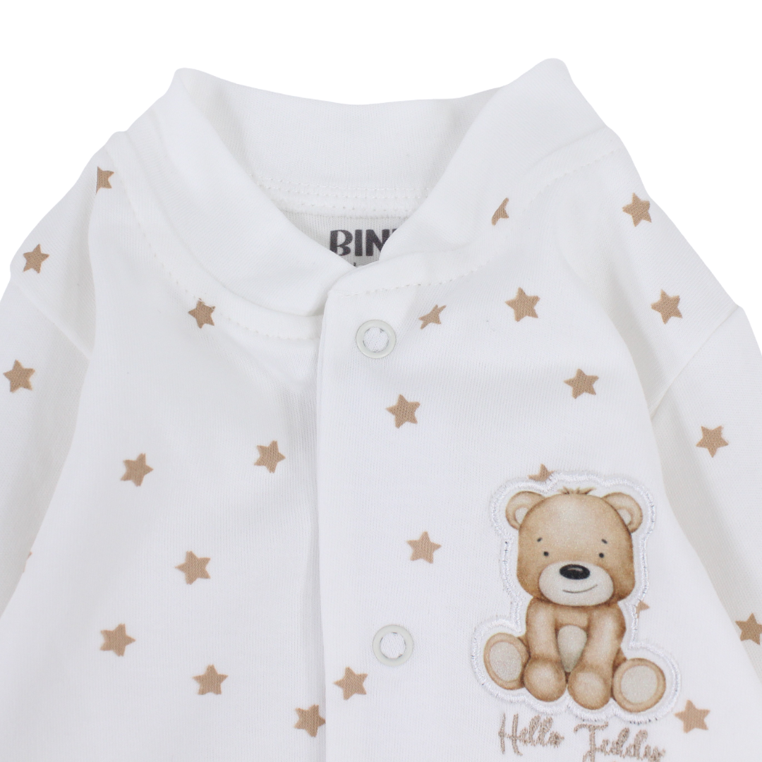 Unisex Baby Cotton Footless Onesie – Off-White with Teddy Bear Print