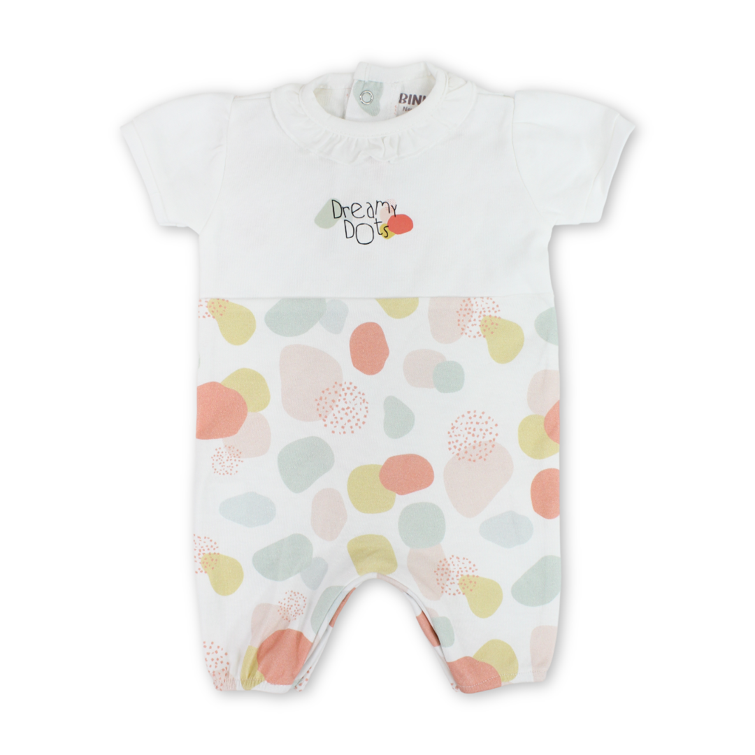 Baby Girls Cotton Romper – Off-White with "Dreamy Dots" Print