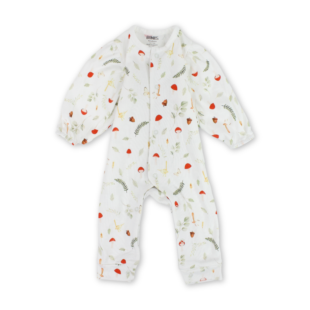 Baby Girls Cotton Footless Onesie – Off-White with Mushroom & Leaves Print