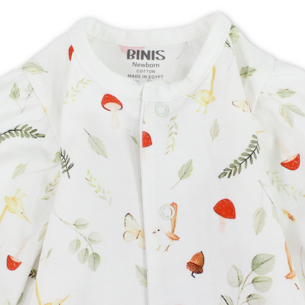 Baby Girls Cotton Footless Onesie – Off-White with Mushroom & Leaves Print
