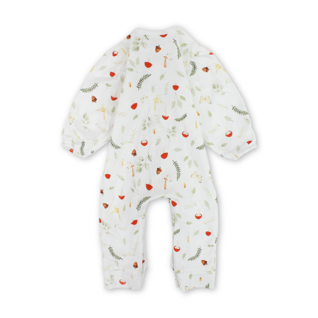 Baby Girls Cotton Footless Onesie – Off-White with Mushroom & Leaves Print