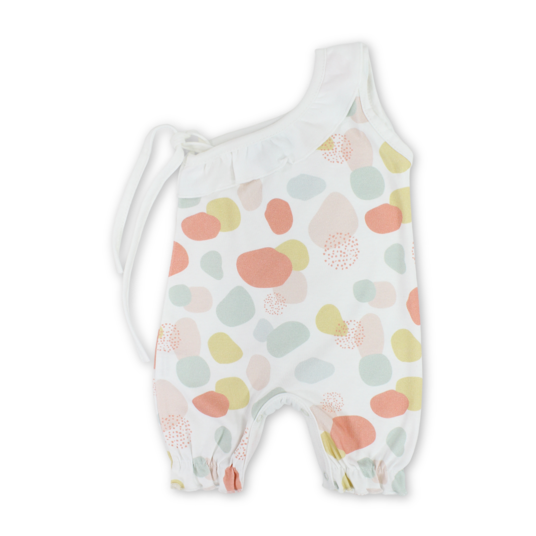 Baby Girls Cotton Romper – Off-White with Colored Circles Print
