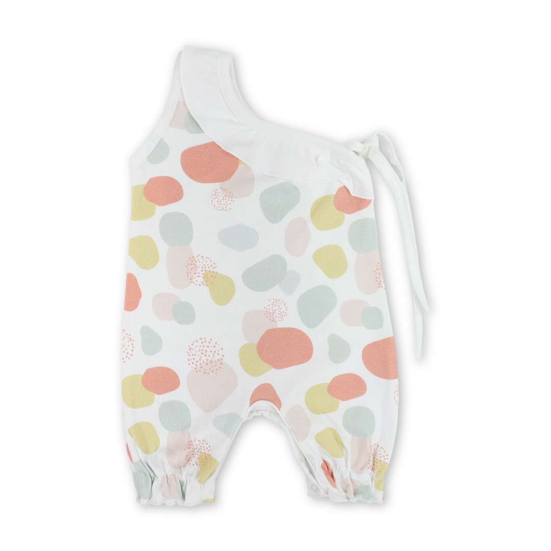 Baby Girls Cotton Romper – Off-White with Colored Circles Print