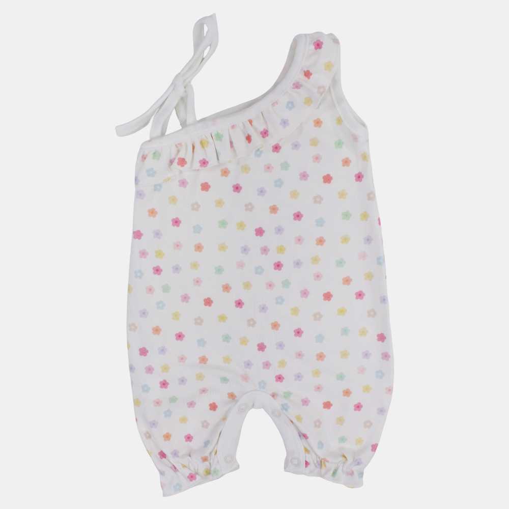 Baby Girls Cotton Romper – Off-White with Floral Print