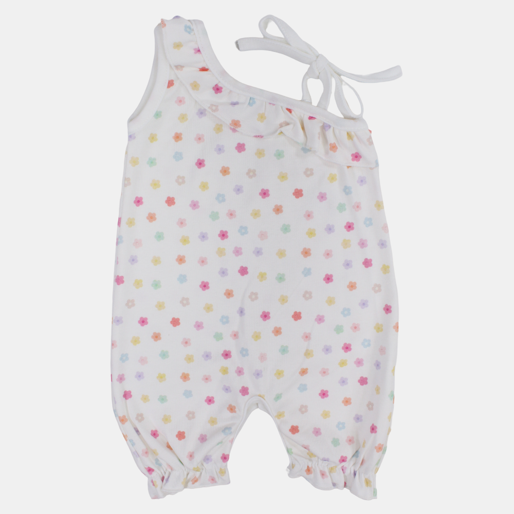 Baby Girls Cotton Romper – Off-White with Floral Print