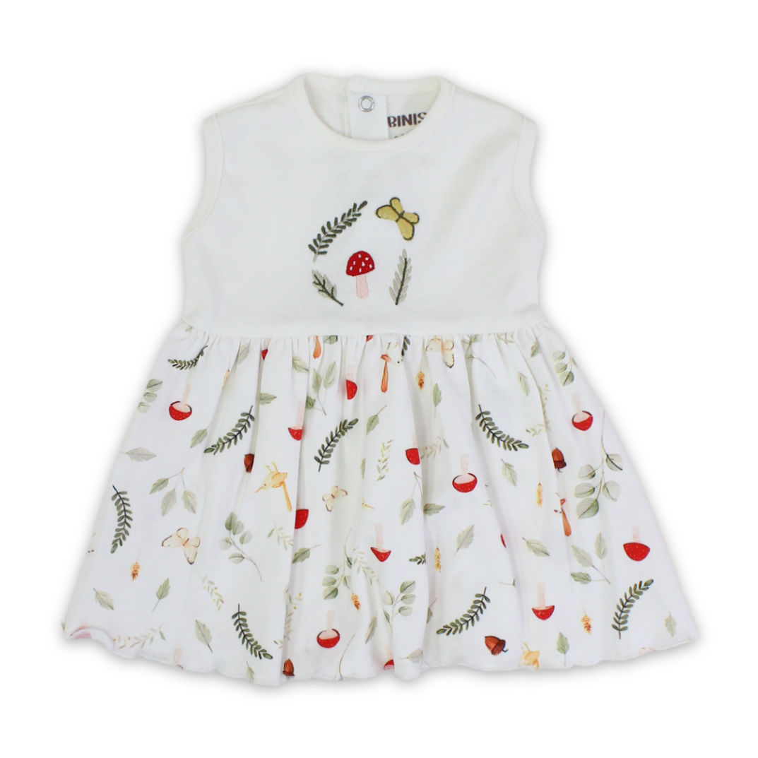 Baby Girls Cotton Dress – Off-White with Mushroom Embroidery - Clothing - Mini Binis