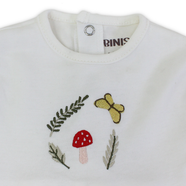 Baby Girls Cotton Dress – Off-White with Mushroom Embroidery