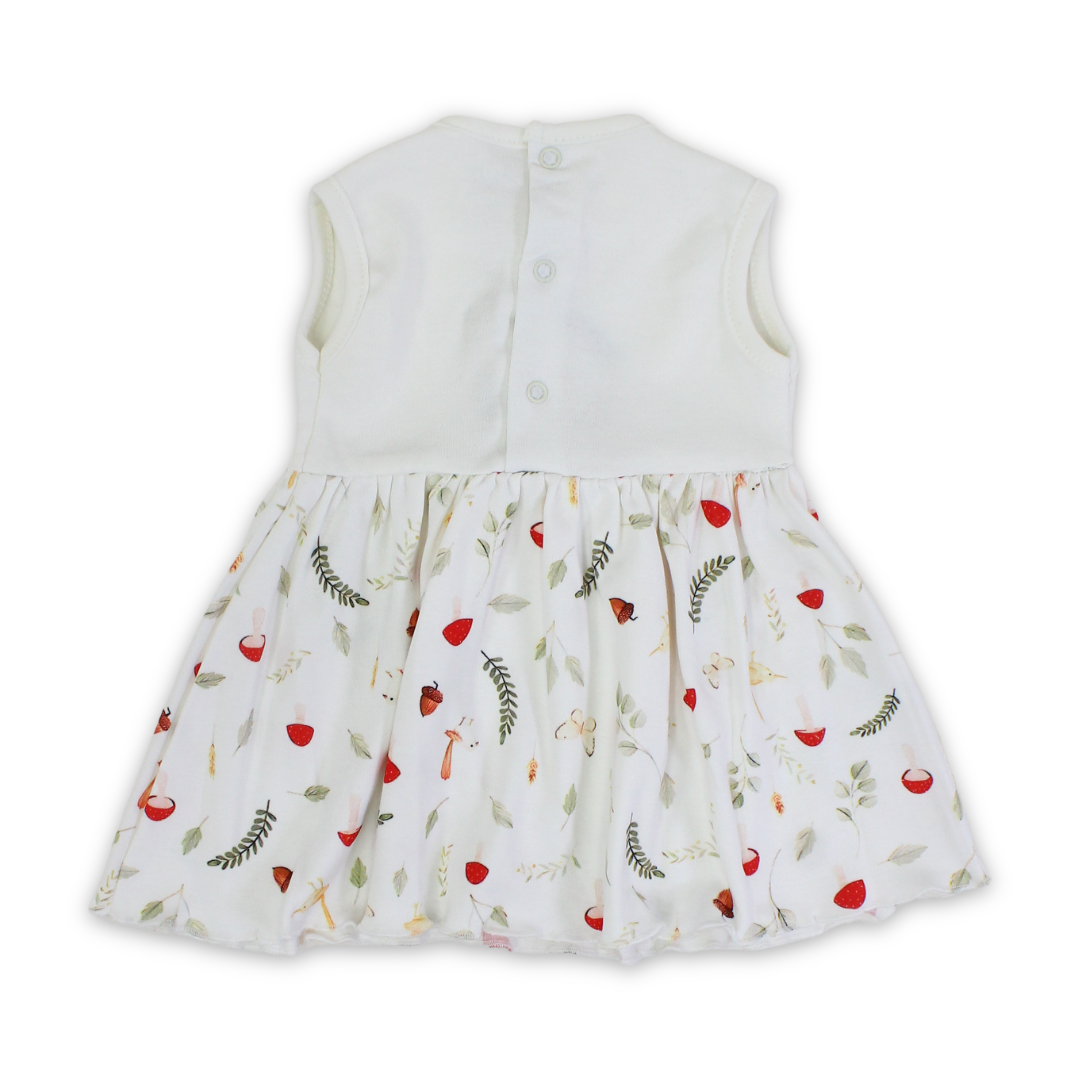 Baby Girls Cotton Dress – Off-White with Mushroom Embroidery
