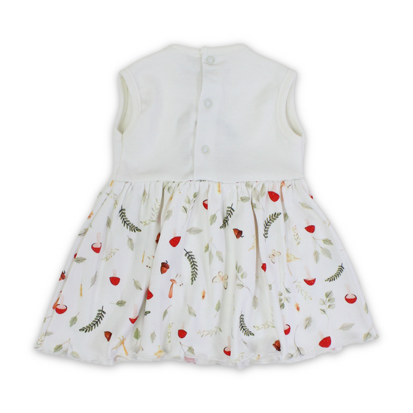 Baby Girls Cotton Dress – Off-White with Mushroom Embroidery