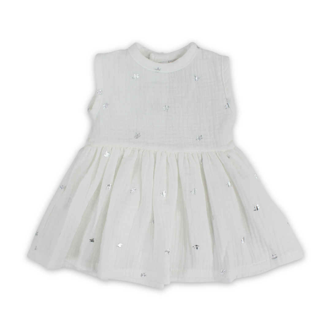 Baby Girls Cotton Dress – Off-White with Silver Birds Print