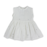 Baby Girls Cotton Dress – Off-White with Silver Birds Print