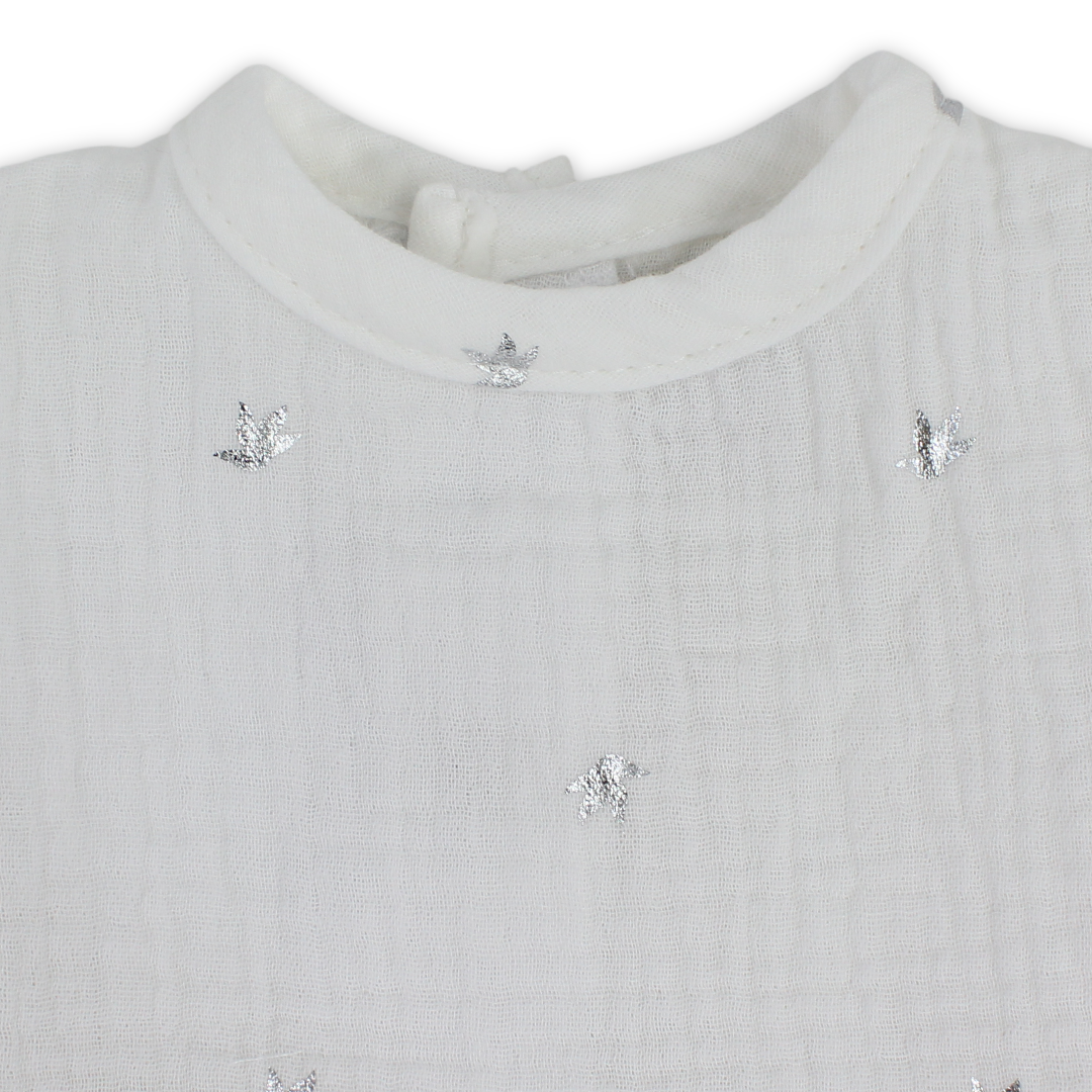 Baby Girls Cotton Dress – Off-White with Silver Birds Print
