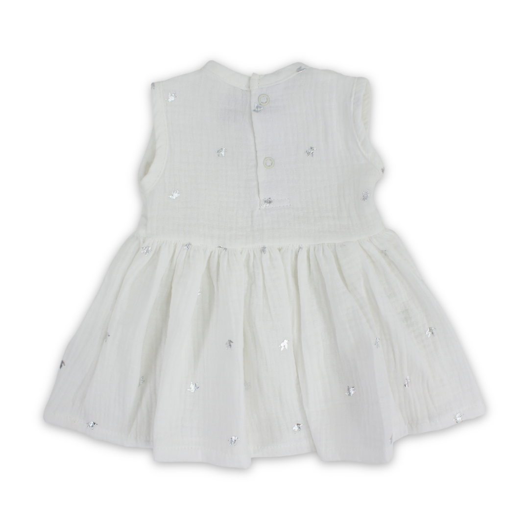 Baby Girls Cotton Dress – Off-White with Silver Birds Print