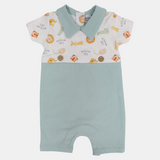 Baby Boys Cotton Romper – Off-White & Mint with Animal Print