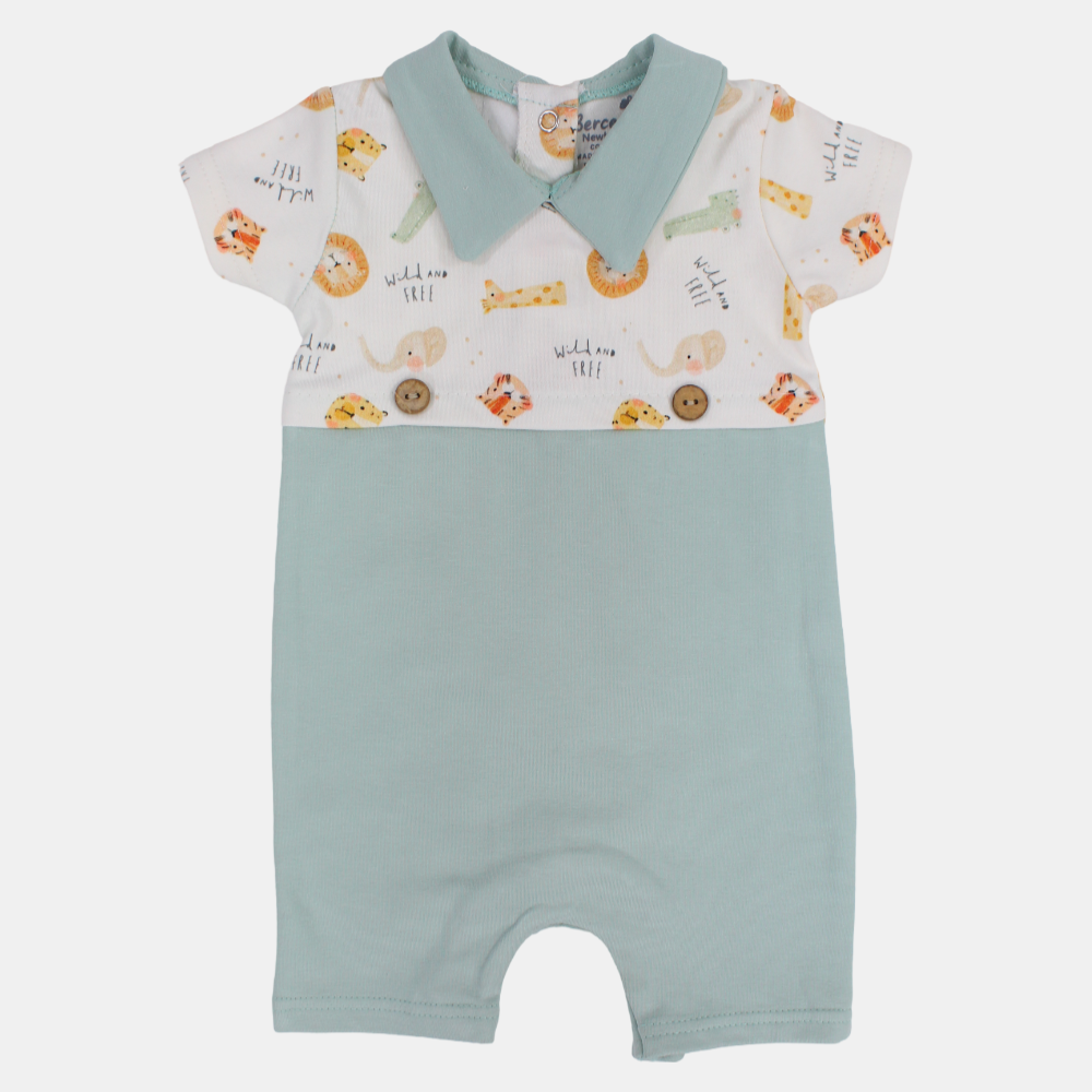 Baby Boys Cotton Romper – Off-White & Mint with Animal Print