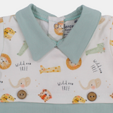 Baby Boys Cotton Romper – Off-White & Mint with Animal Print